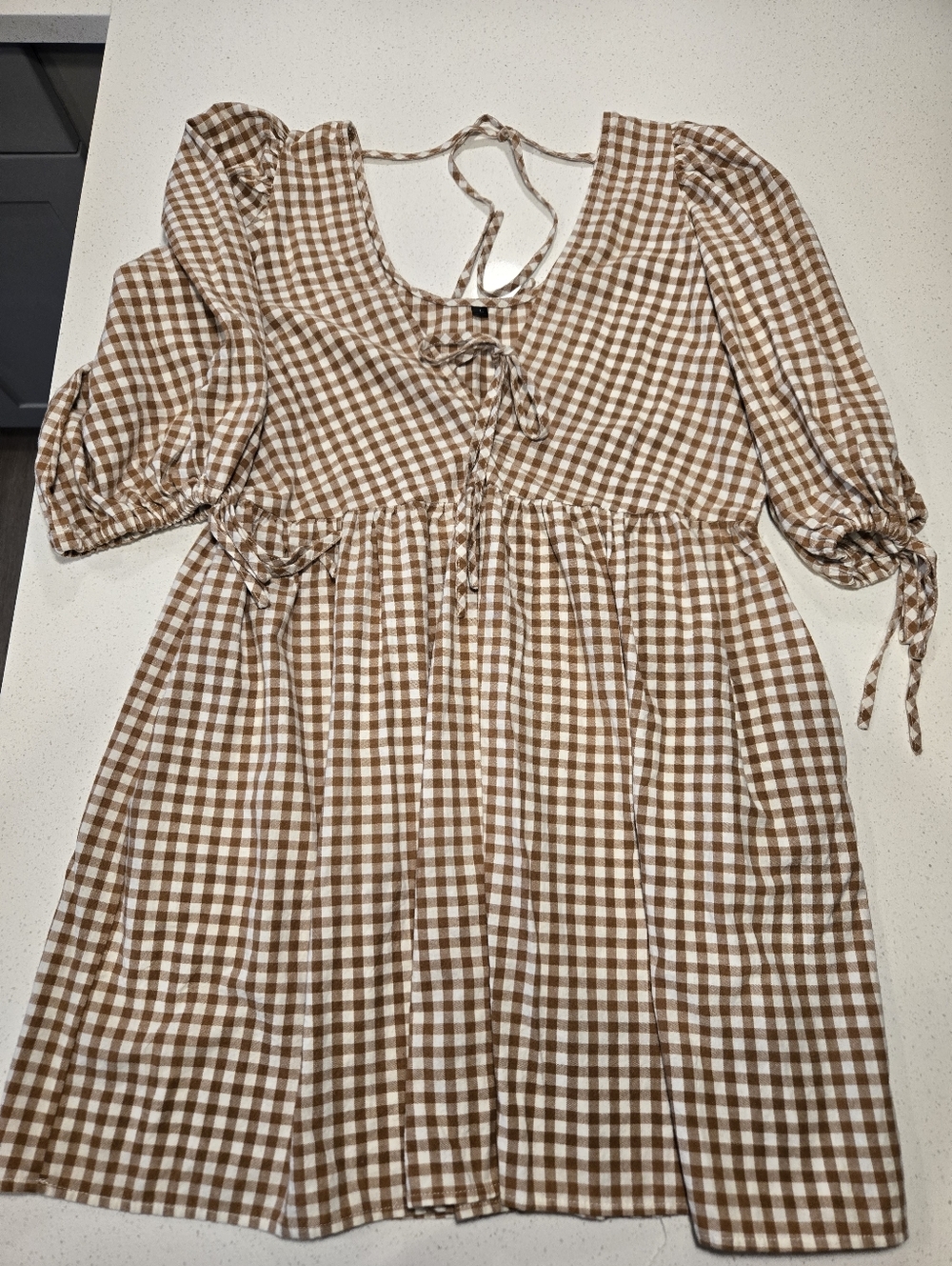 Brown and White Gingham Babydoll Dress